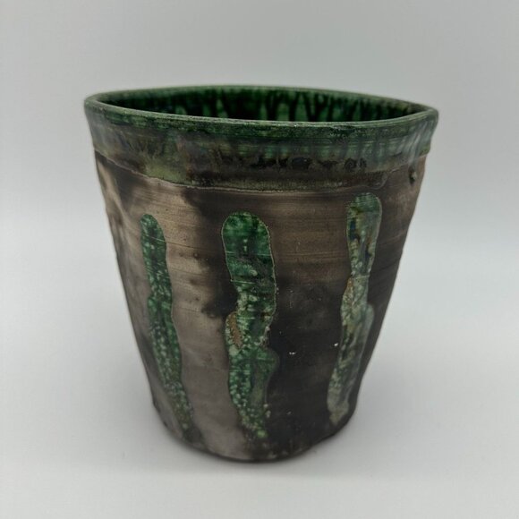 Vintage Raku Pottery Planter Vase Signed St John 99 Black Green Abstract Seaweed - Picture 2 of 10